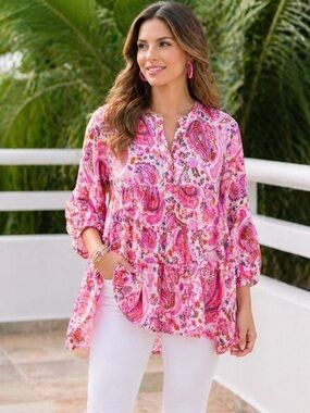 Umgee Pink Paisley Boho Tunic Top Oversized Flowy Blouse
